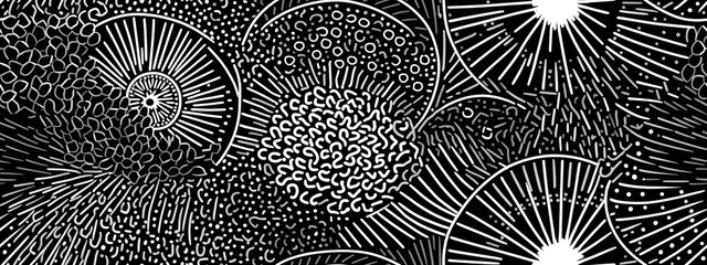 Seamless hand drawn geometric concentric circles pattern. Abstract barnacle or coral sea life motif white stripes on black background. Woodcut sun burst texture in a trendy doodle line art style.