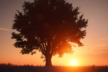 Fototapeta na wymiar Illustration simple silhouette d'un arbre au coucher(lever) de soleil