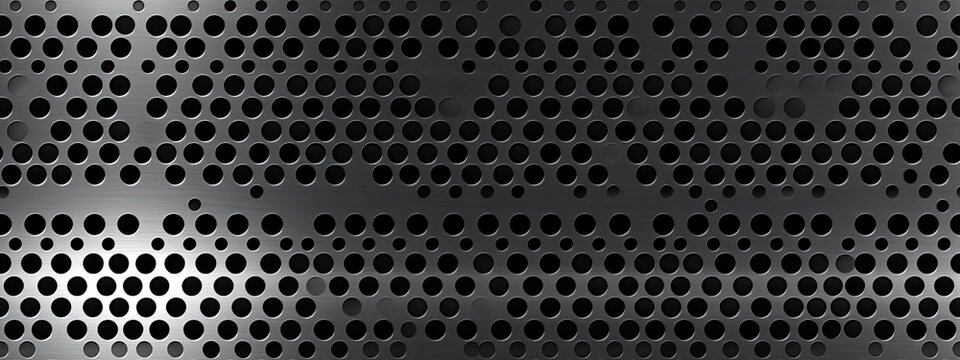 Seamless perforated metal dot grid pattern. Metallic industrial steel grate with punched holes background texture overlay or displacement, bump or height map