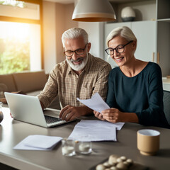 HAPPY RETIRED SENIOR FAMILY COUPLE READS AND CHECKS FINANCIAL DOCUMENT. image created by legal AI