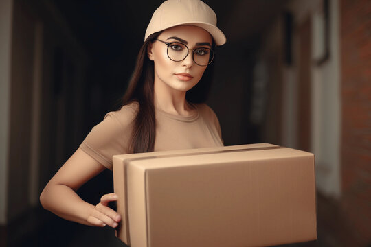 Attractive Female Courier in Uniform Delivering Package, Online Trade Concept Portrait. Generative Ai.