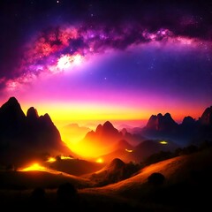 A futuristic view of the Milky Way at night with the mountains lit up in yellow