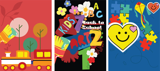 Staff equipment template of flyer, magazine, poster, book cover, booklet, banners. Grain texture and noise effect. People character with items around Kids playground background.