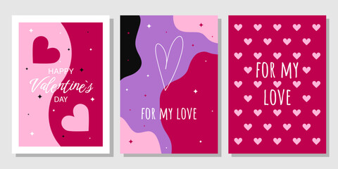 Valentine's Day greeting card set. Hand drawn trendy cartoon heart, love lettering. Vector illustration