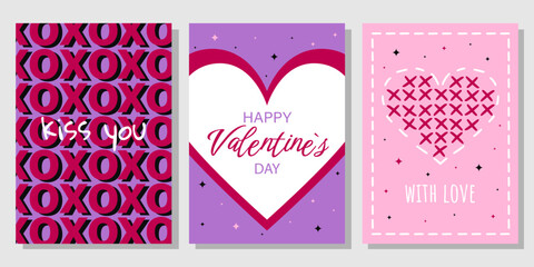 Valentine's Day greeting card set. Hand drawn trendy cartoon heart, love lettering. Vector illustration