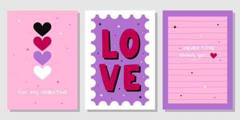 Valentine's Day greeting card set. Hand drawn trendy cartoon heart, love lettering. Vector illustration