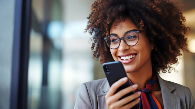 LAUGHING AFRICAN AMERICAN WOMAN TALKING ON SMARTPHONE. image created by legal AI