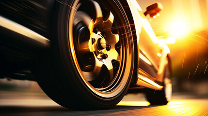 Closeup of wheels of fast sports car on highway, high performance car sport sprint speed concept...