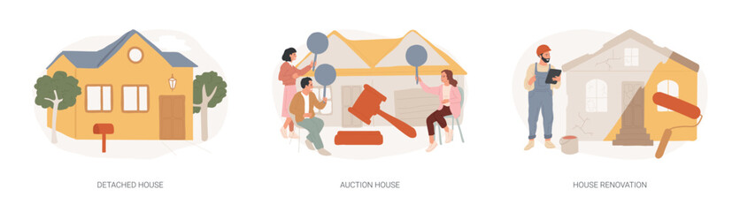 Buy family home isolated concept vector illustration set. Detached and auction house, house renovation, residential and commercial property remodeling, house listing, design project vector concept.
