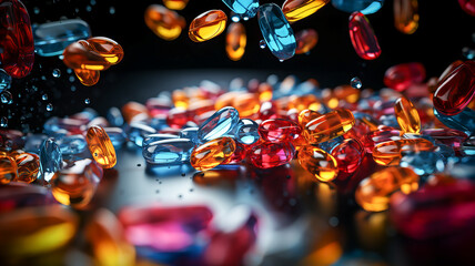 3d rendering of multicolor capsules and pills falling on black background. Generative AI technology.