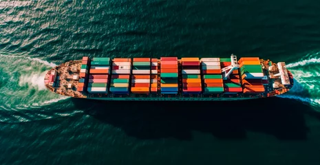 Foto op Canvas Top view of cargo sea ship with contrail in ocean ship carrying container - AI generated image © BEMPhoto
