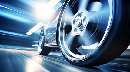 Closeup of wheels of fast sports car on highway, high performance car sport sprint speed concept...