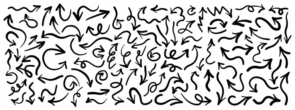 Hand drawn arrow vector doodle icons set. Sketch linear Pointer Signs. Graphic Element.