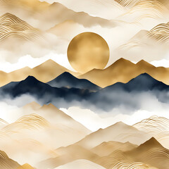 Light Orange Watercolor Mountainscape with Mingei Pop-Inspired Sun