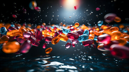 3d rendering of multicolor capsules and pills falling on black background. Generative AI technology. - obrazy, fototapety, plakaty