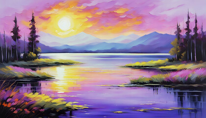 Purple pink color sunset evening nature outdoor lake with mountains landscape background. Graphic Art