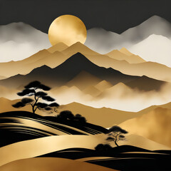 Painting of a full moon over a mountain
