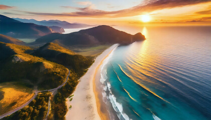 Fototapeta premium Aerial view of beautiful beach at sunset.