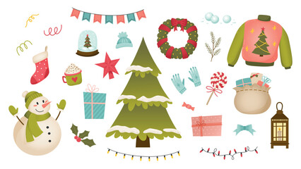 Set of cute cartoon Christmas and New Year elements with Christmas tree, garlands, wreath, holly, snowman, lantern, stocking, sweater, star, gifts, candy, lights