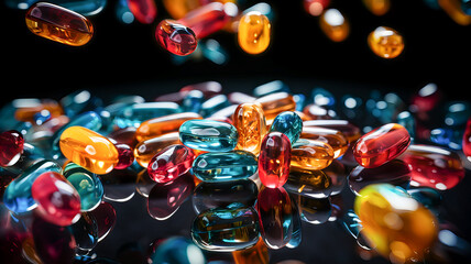 3d rendering of multicolor capsules and pills falling on black background. Generative AI technology.