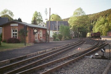 Schmalzgrube, Germany - June 03, 2023: view of small train station in Ore mountains - analog