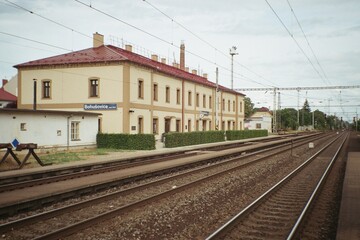 Fototapeta na wymiar view of train station in Bohusovice nad Ohri on 31 July 2023 in an analogue photo