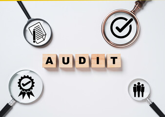 Audit wording with magnifier and icon include document , certificate ,correct sign mark and team...