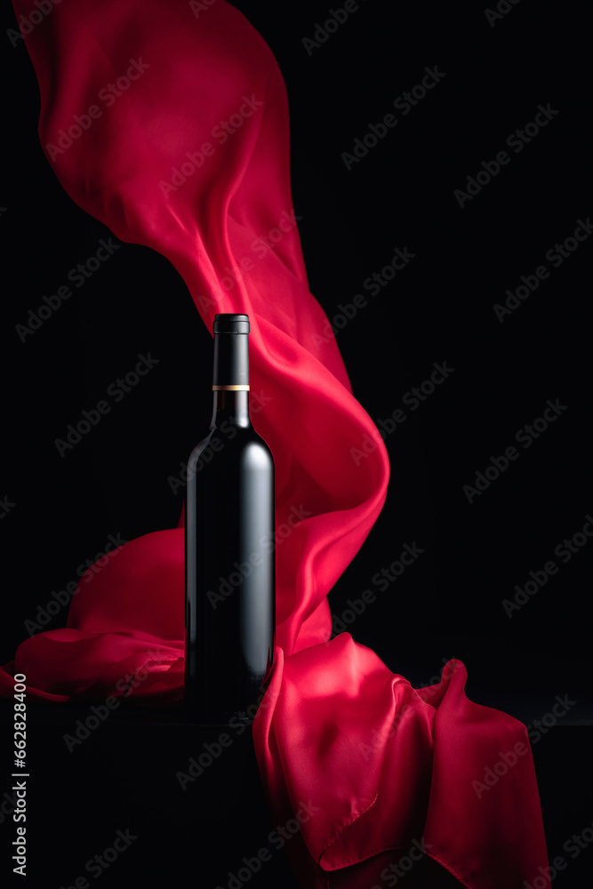 Wall mural Bottle of red wine and flutters of red cloth.