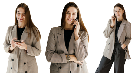 A modern smart employee in an IT company. SEO specialist, SMM text manager.Business a lot of women in a jacket financier uses a tablet and a phone.   Transparent background.