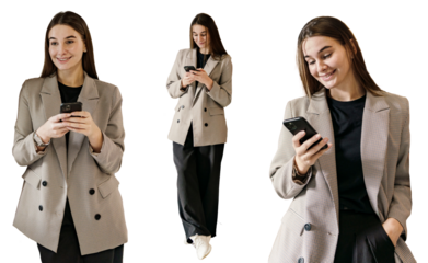 The manager is a specialist human employee in the office using a phone and an AI chat bot app. A modern woman copywriter. Confident stylish office employee.  Photo collage. Transparent background.