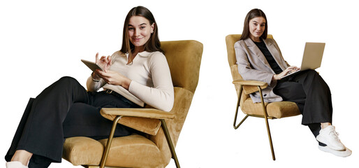 A modern female copywriter uses a tablet to write texts. SEO specialist an employee in the office is sitting in a chair. Uses a tablet and a phone. Photo collage. Transparent background.