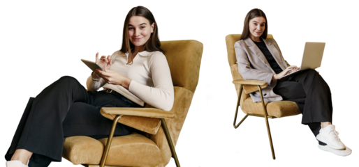 A modern female copywriter uses a tablet to write texts. SEO specialist an employee in the office is sitting in a chair. Uses a tablet and a phone. Photo collage. Transparent background.