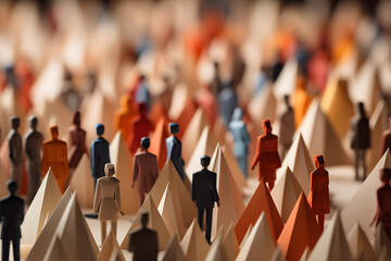 Large crowd of diverse people in origami form inside a town