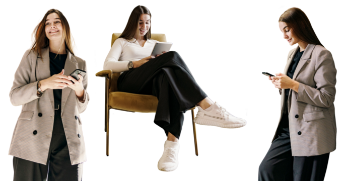 SMM specialist is a human employee in the office sitting in a chair. A modern female copywriter uses a tablet to write texts. Uses a tablet and a phone. Photo collage. Transparent background.