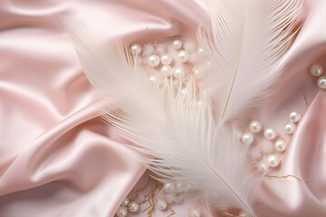 Silk material with feather and pearls pink color backgrounds soft textures