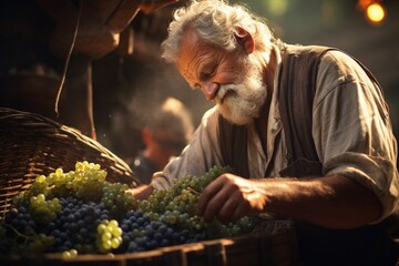 Man collecting grapes harvest season farmers working - obrazy, fototapety, plakaty