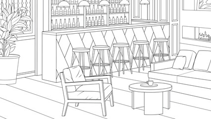 Vector illustration, interior of a cozy bar in a summer cafe