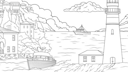 Vector illustration, lighthouse on the seashore