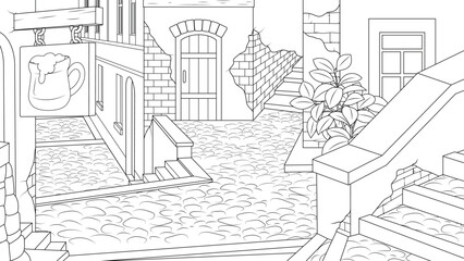 Vector illustration, old European street with a bar