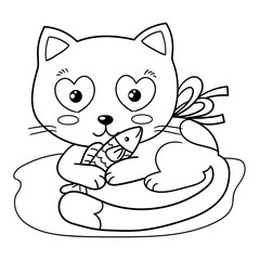 Illustration in black and white of a cute cat with a blue ribbon and a fish in its paws, coloring page
