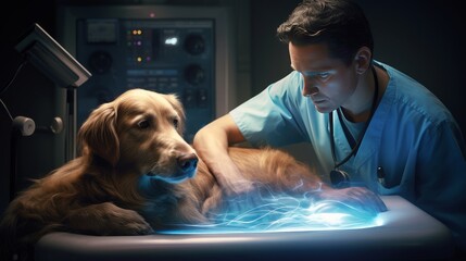 A veterinarian performs an ultrasound of a dog using modern equipment with innovative technologies in a veterinary clinic. Pet care and grooming concept. - obrazy, fototapety, plakaty