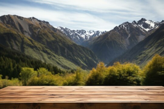 An empty wooden brown table with a blurred backdrop of nature in New Zealand. Vibrant picture. Generative AI