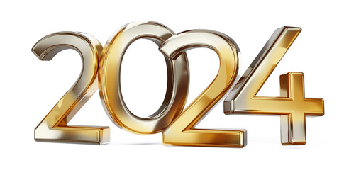 golden glossy metallic 2024 symbol isolated, small shadows as top light, new year Sylvester, year as number 3d-illustration - obrazy, fototapety, plakaty