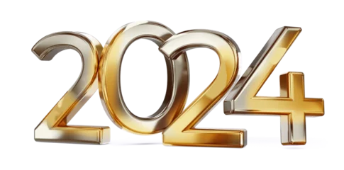 Foto op Canvas golden glossy metallic 2024 symbol isolated, small shadows as top light, new year Sylvester, year as number 3d-illustration © wetzkaz