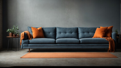 Blue corner sofa and coffee table against pastel blue wall, Minimalist home interior design, Modern living room.  ai generative - obrazy, fototapety, plakaty