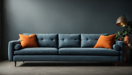 Blue corner sofa and coffee table against pastel blue wall, Minimalist home interior design, Modern living room.  ai generative