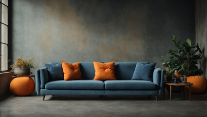 Blue corner sofa and coffee table against pastel blue wall, Minimalist home interior design, Modern living room.  ai generative