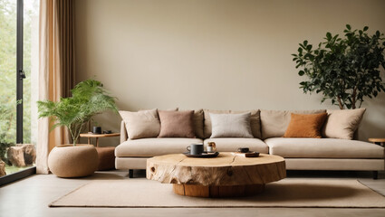 Beige corner sofa and round tree stump coffee table and a tree. Minimalist home interior design of modern living room. ai generative