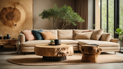 Beige corner sofa and round tree stump coffee table and a tree. Minimalist home interior design of modern living room. ai generative