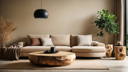 Fototapeta na wymiar Beige corner sofa and round tree stump coffee table and a tree. Minimalist home interior design of modern living room. ai generative